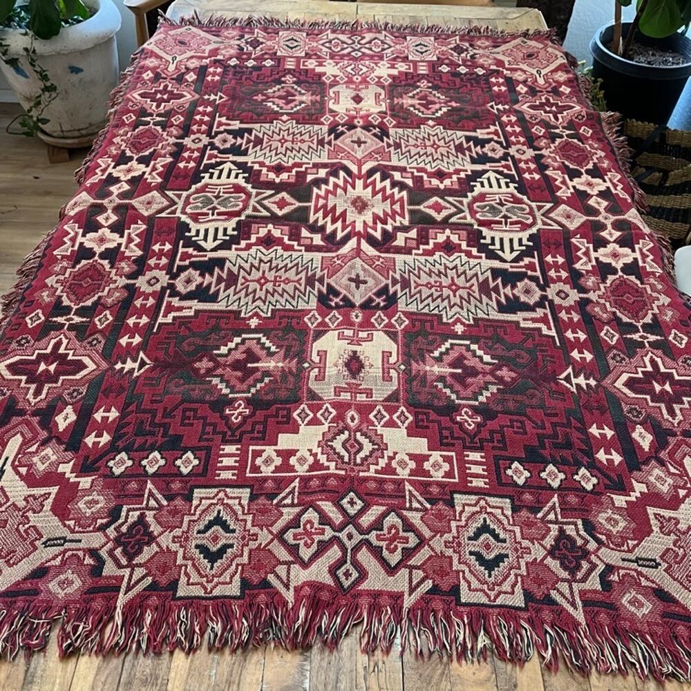 Goodwin Weavers Blanket 43 x 63" Crimson Red Fringe Tapestry Reversible Aztec